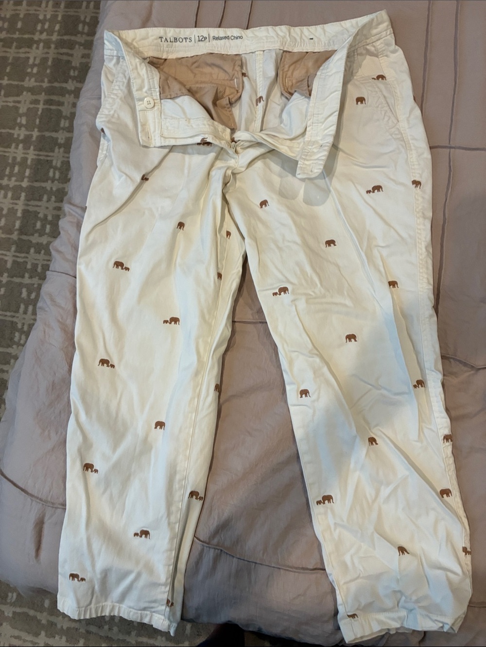 Talbots Women’s Cream Chinos with Brown Elephant Motif